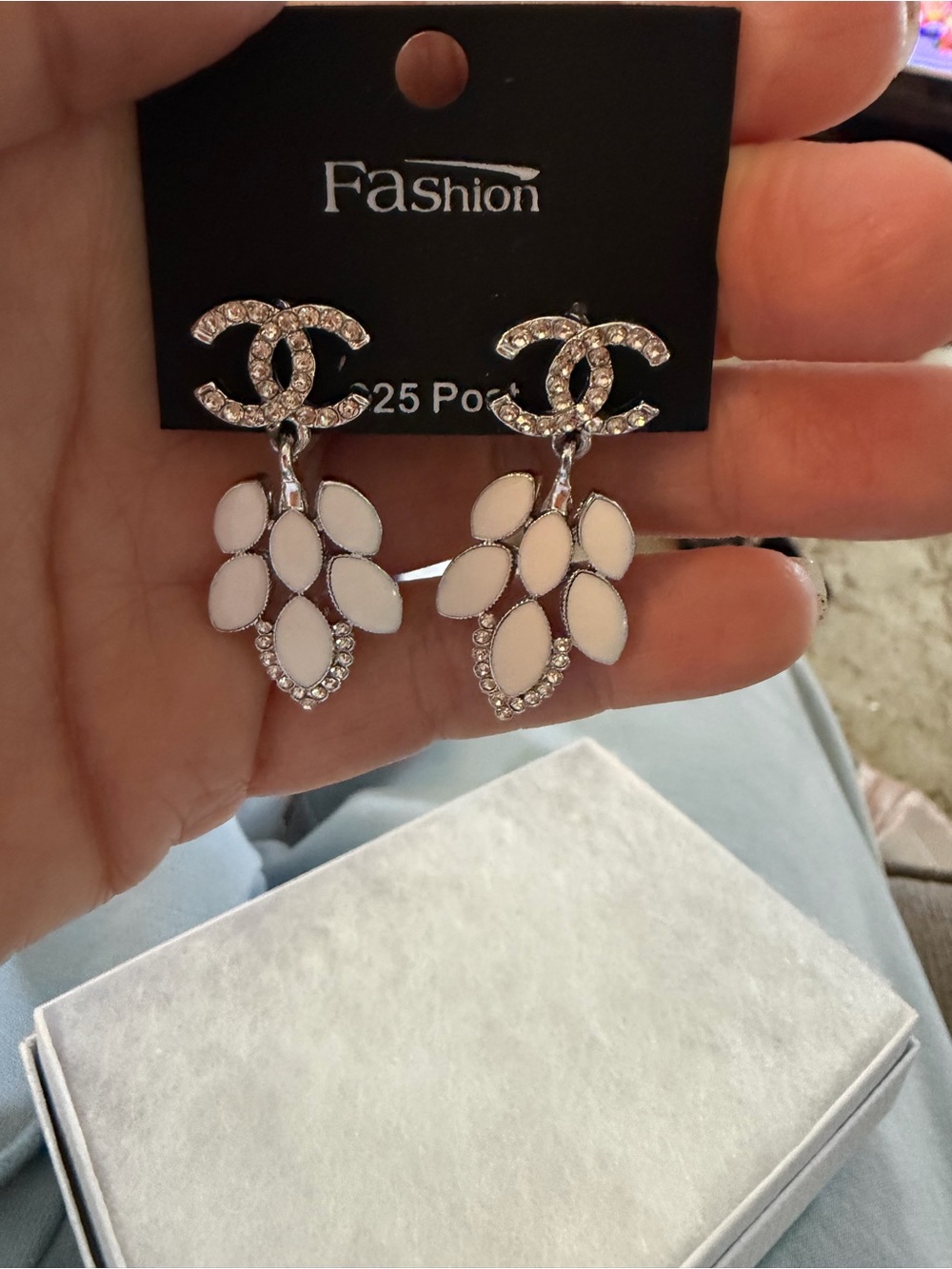 White Crystal Drop Post Earrings, silver tone, fashion jewelry - Picture 5 of 6